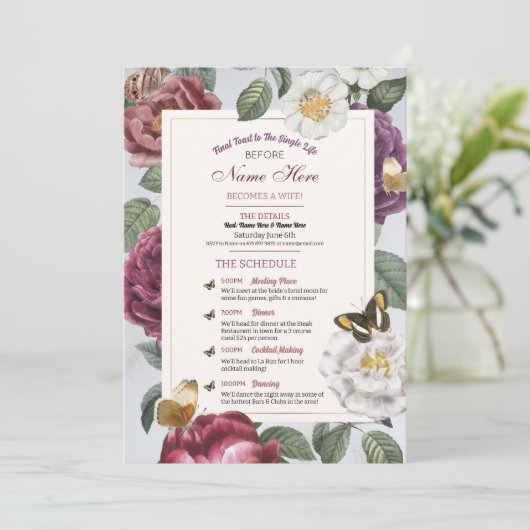 Brautparty Itinerary Bloom Floral Butterfly Programm (Stehend Vorderseite)