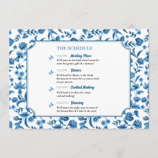Brautparty Itinerary Chintz Blue & White Floral Programm (Rückseite)