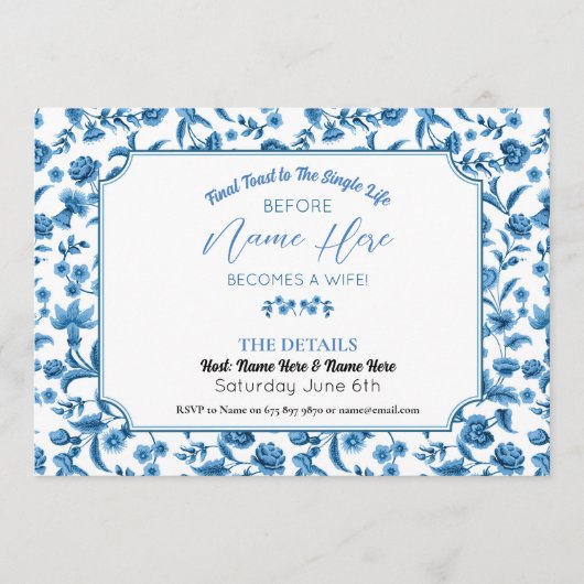 Brautparty Itinerary Chintz Blue & White Floral Programm (Vorderseite)