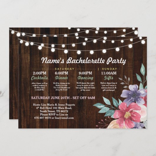 Brautparty Itinerary Rosa Blume Rustikale Lichter Einladung (Vorne/Hinten)