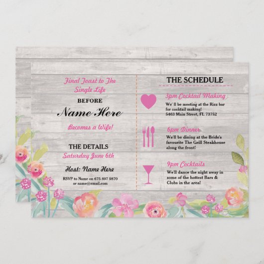 Brautparty Itinerary Rustikales Abendessen Bachelo Programm (Vorne/Hinten)