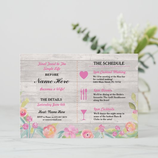 Brautparty Itinerary Rustikales Abendessen Bachelo Programm (Stehend Vorderseite)