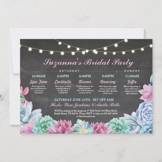 Brautparty Itinerary Succully Blue Pink Floral Einladung (Vorderseite)