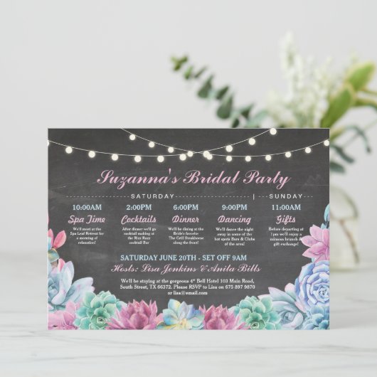 Brautparty Itinerary Succully Blue Pink Floral Einladung (Stehend Vorderseite)