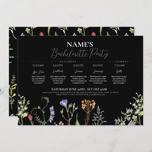 Brautparty Itinerary Wildblumen Blumendarm Einladung (Vorne/Hinten)