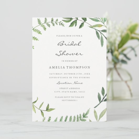 Brautparty-Karte für Wasserfarben-Grünes Leaf Einladung (Stehend Vorderseite)