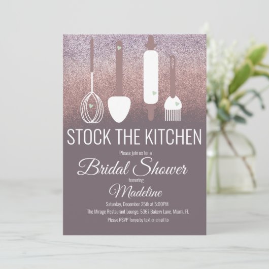 Brautparty Küche Dusche Küche Glitzer Einladung (Stehend Vorderseite)