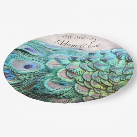 Brautparty Lavish Peacock Feathers Paper Plate Pappteller (Schrägansicht)