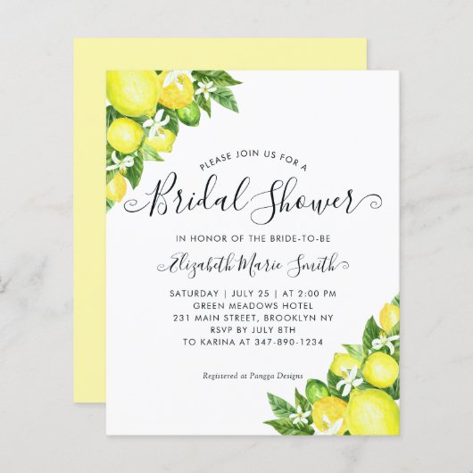 Brautparty Lemon Citrus Chic Einladung (Vorne/Hinten)