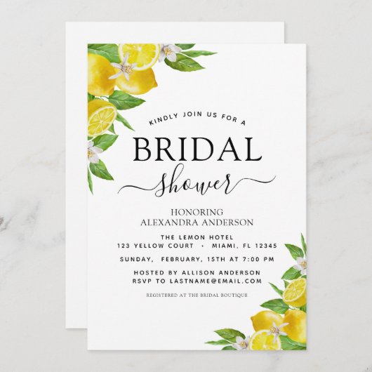 Brautparty Lemon Wasserfarbe Zitrusfrüchte Gelb Einladung (Vorne/Hinten)