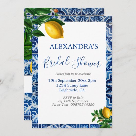 Brautparty Lemons Blue White Tuscan Tile Einladung (Vorne/Hinten)