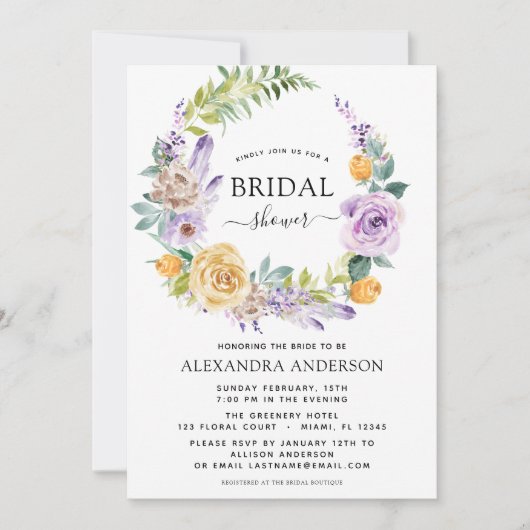 Brautparty Lila botanischer Kranz Einladung (Vorderseite)