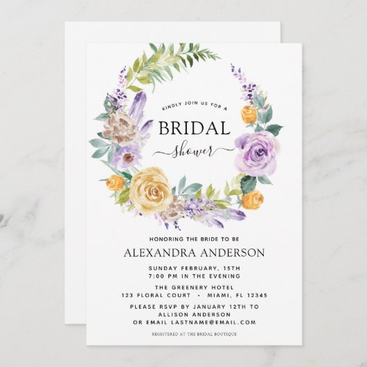 Brautparty Lila botanischer Kranz Einladung (Vorne/Hinten)