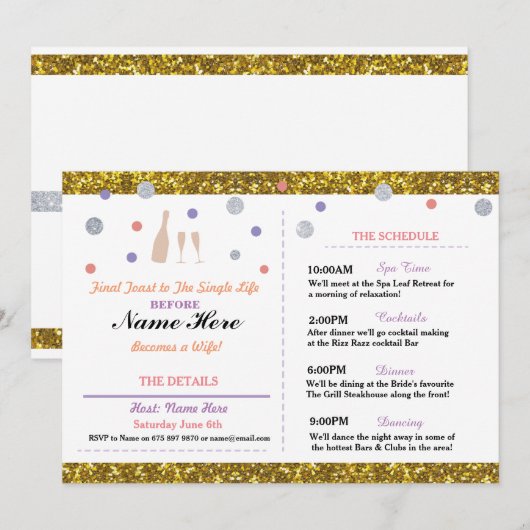 Brautparty Lila Gold Itinerary Bacheloretto Programm (Vorne/Hinten)