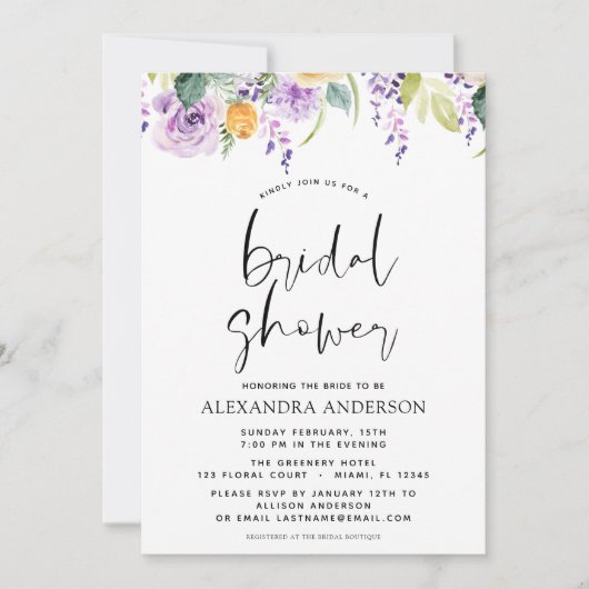 Brautparty Lila Grünpflanzen Botanische Einladung (Vorderseite)