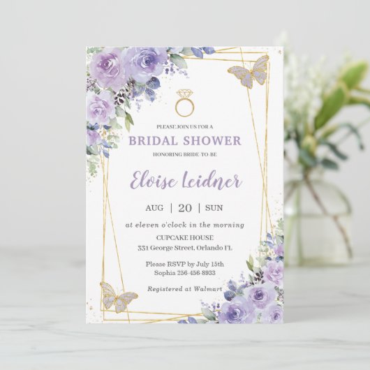 Brautparty Lila Lilac Floral Butterfly Ring Einladung (Stehend Vorderseite)