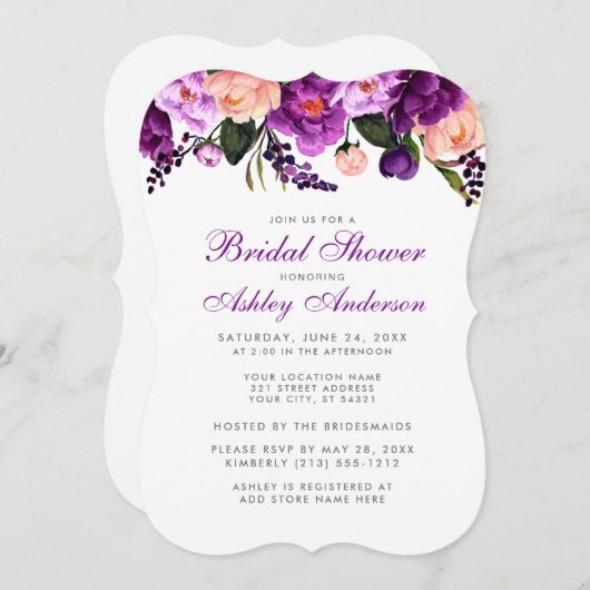 Brautparty Lila Silver Floral Einladung (Vorne/Hinten)