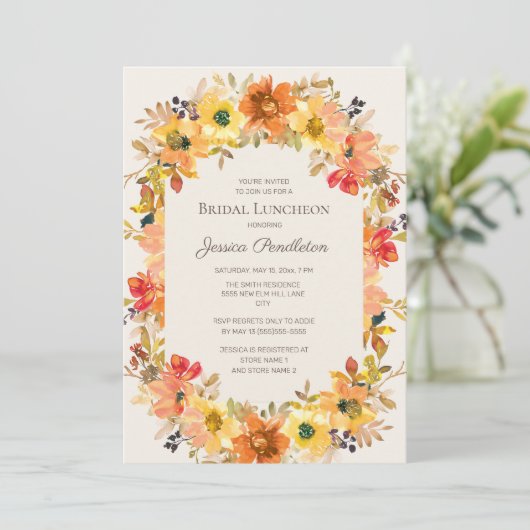 Brautparty Luncheon Orange Yellow Fall Floral I Einladung (Stehend Vorderseite)