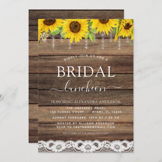 Brautparty Luncheon Sonnenblume Rustikales Bauernh Einladung (Vorne/Hinten)