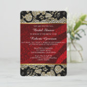 Brautparty Luxury Gold Red Black Lace Funkelnd Einladung (Stehend Vorderseite)