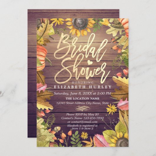 Brautparty Maple Blätter Pumpkins Sonnenblumenholz Einladung (Vorne/Hinten)