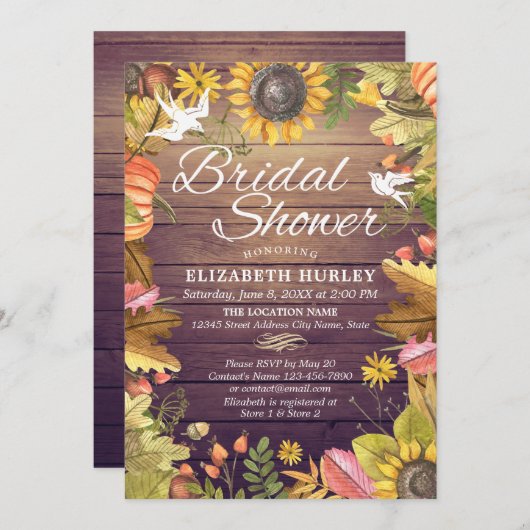 Brautparty Maple Blätter Pumpkins Sonnenblumenholz Einladung (Vorne/Hinten)