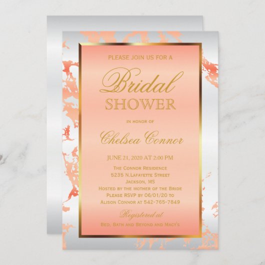 Brautparty - Marmor, Weiß und Gold Einladung (Vorne/Hinten)