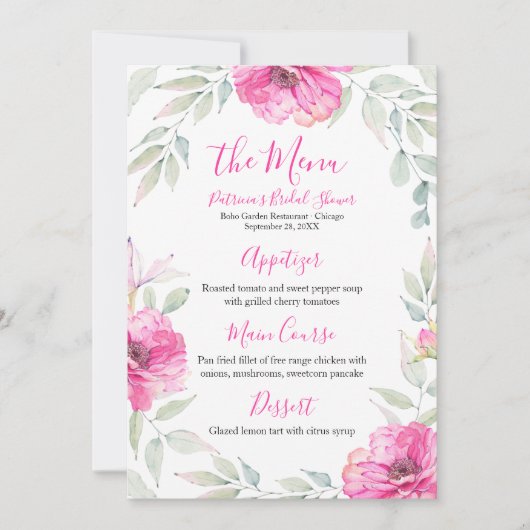 Brautparty Menü Hot Pink Floral Aquarell Einladung (Vorderseite)