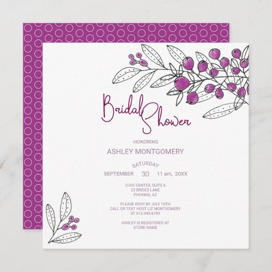 Brautparty Minimalistische Lila Berries Blätter Einladung (Vorne/Hinten)