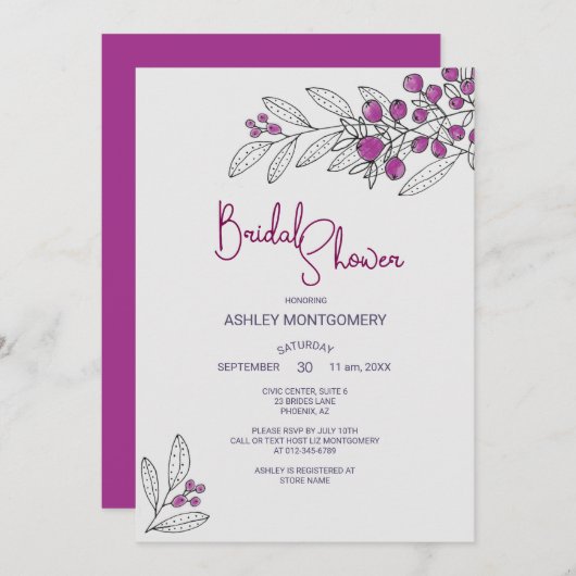 Brautparty Minimalistische Lila Blätter Berries Einladung (Vorne/Hinten)