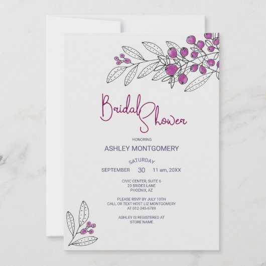 Brautparty Minimalistische Lila Blätter Berries Einladung (Vorderseite)