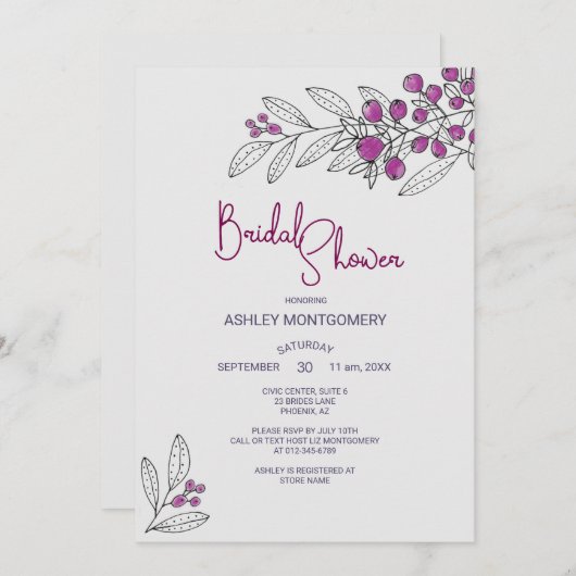 Brautparty Minimalistische Lila Blätter Berries Einladung (Vorne/Hinten)