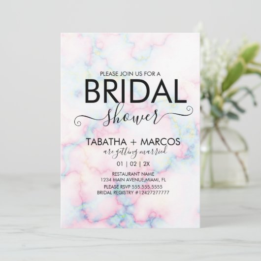 Brautparty mit farbenfrohen Marble Pattern Einladung (Stehend Vorderseite)