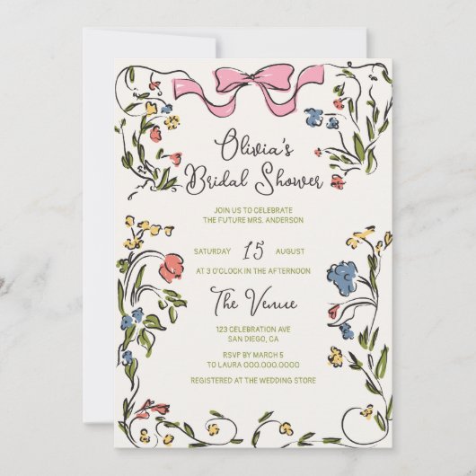 Brautparty mit handgezogenen farbigen Blumenrahmen Einladung (Vorderseite)