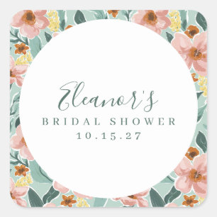 Brautparty mit Minze Salbei Rosa Floral Schriftzug Quadratischer Aufkleber