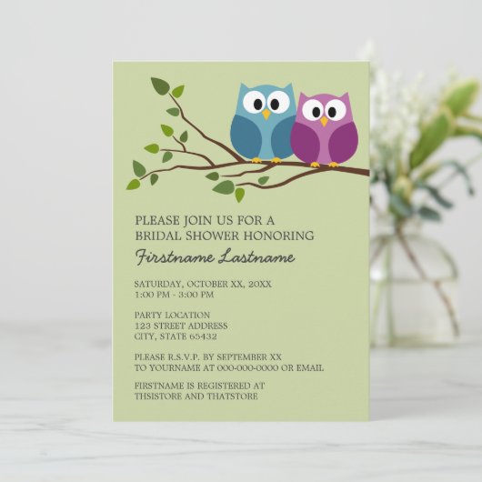 Brautparty mit Owl Couple auf Zweig Einladung (Stehend Vorderseite)