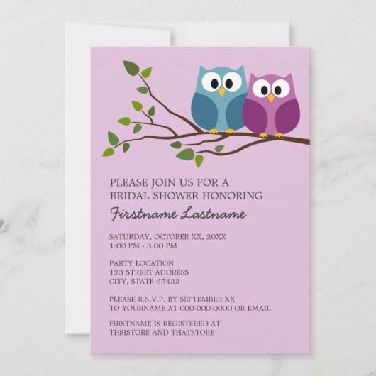 Brautparty mit Owl Couple auf Zweig Einladung (Vorderseite)