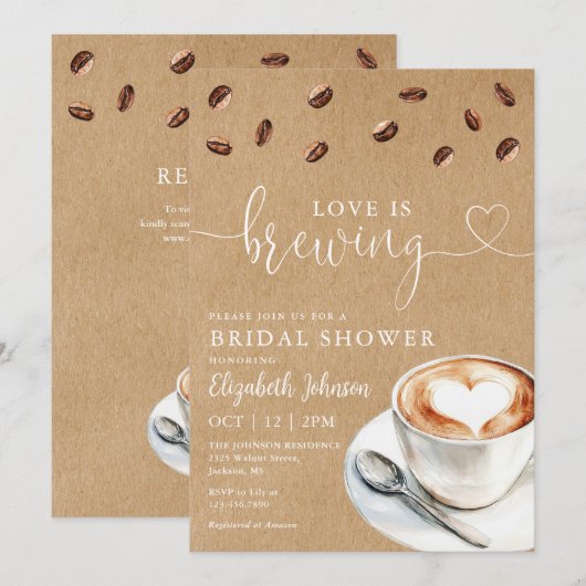 Brautparty mit QR-Code für Love Is Brewing Coffee Einladung (Vorne/Hinten)