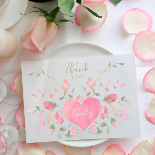 Brautparty mit rosa Herzen und Blumen Dankeskarte
