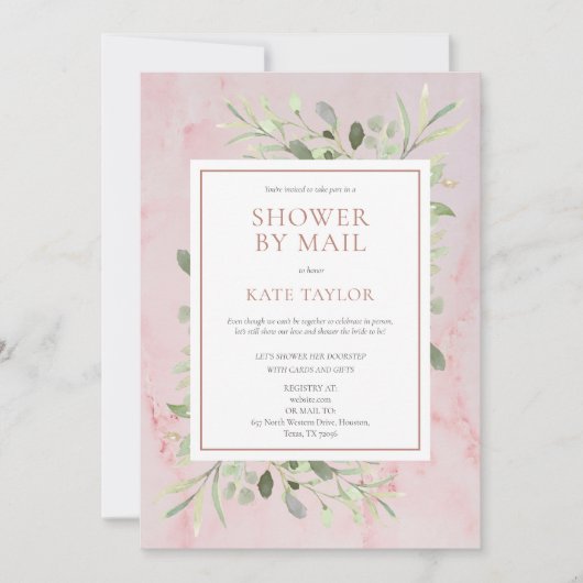 Brautparty mit rosa Marmor nach Mail Grüne Blätter Einladung (Vorderseite)