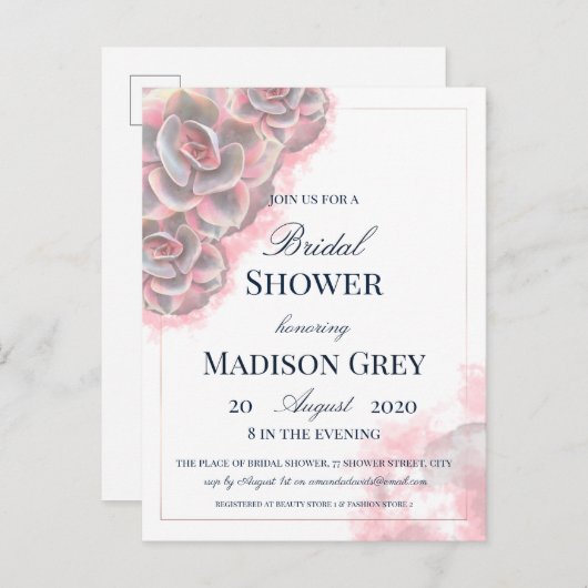 Brautparty mit rosafarbenen und grauen Wasserfarbe Einladungspostkarte (Vorne/Hinten)