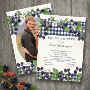 Brautparty mit schwarzen Himbeeren in Gingham Einladung
