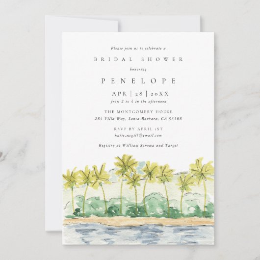 Brautparty mit tropischen Wasserfarben am Strand P Einladung (Vorderseite)