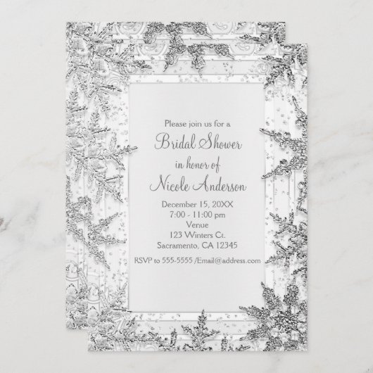 Brautparty mit weißen und silbernen Winterschneefl Einladung (Vorne/Hinten)