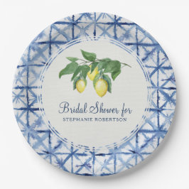 Brautparty Modern Lemon und Leaf Indigo Shibori Pappteller