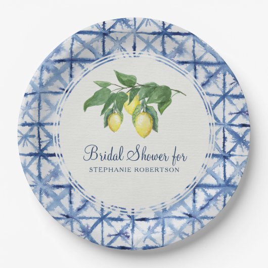 Brautparty Modern Lemon und Leaf Indigo Shibori Pappteller (Vorderseite)