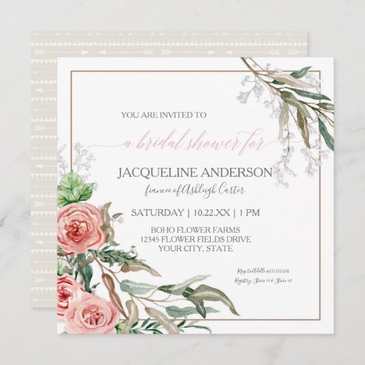 Brautparty Moderne florale BOHO Pfeile Aquarell Einladung (Vorne/Hinten)