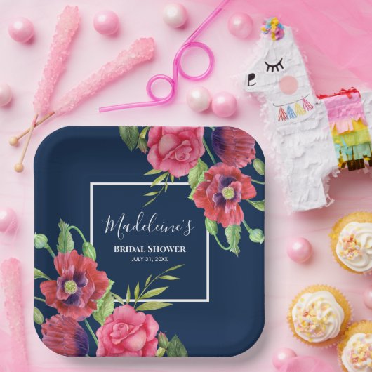 Brautparty Moderne Rosa Blume auf der Dunklen Mari Pappteller (Party)