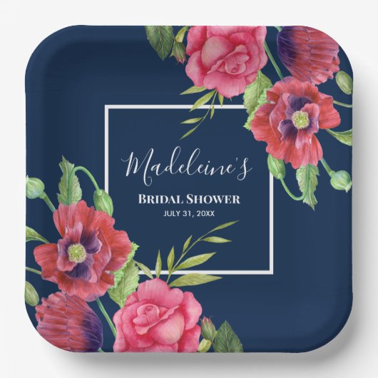 Brautparty Moderne Rosa Blume auf der Dunklen Mari Pappteller (Vorderseite)