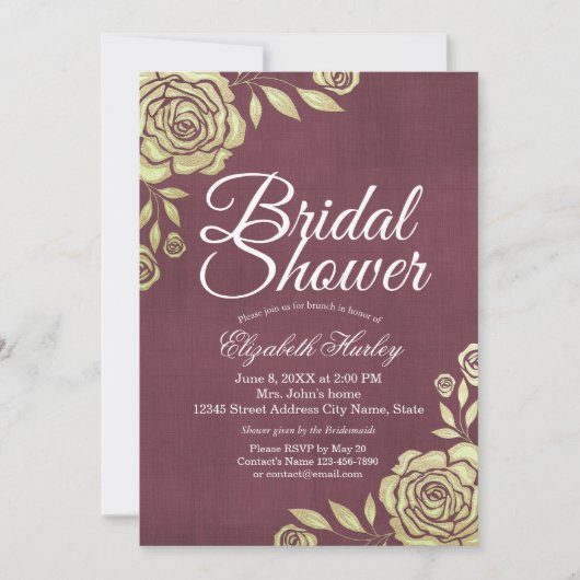 Brautparty Moderner Chic Goldene Rose Burgund Rot Einladung (Vorderseite)